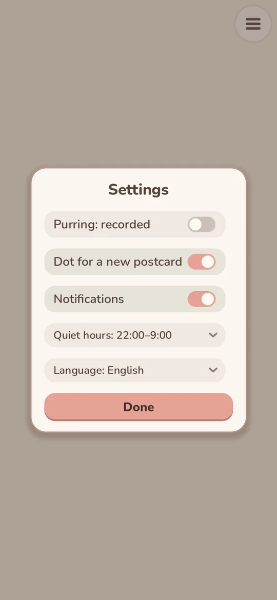 Settings: purring sound, notifications, quiet hours, language